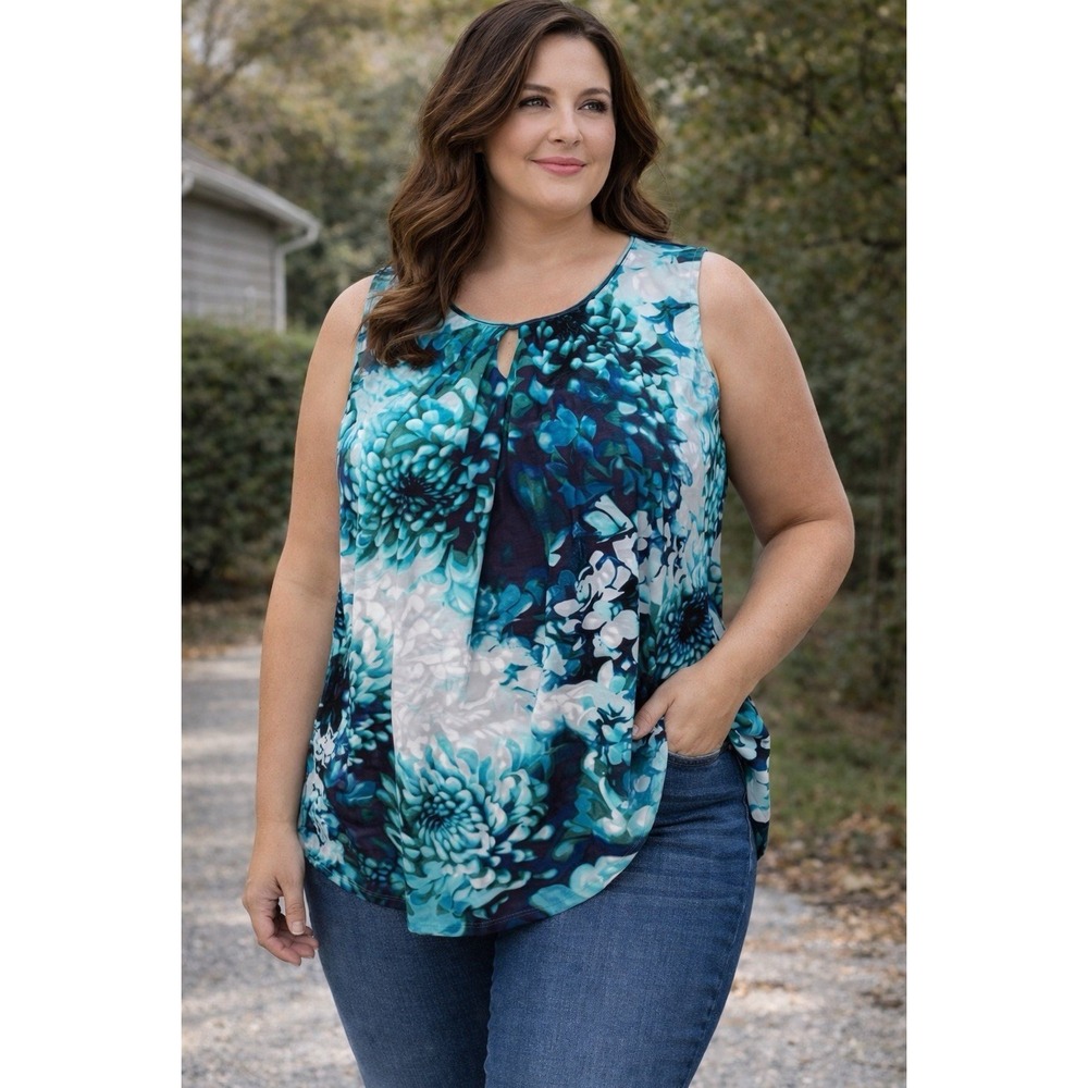 Worthington Floral Sleeveless Blouse‎ Wome Plus Size 1X Keyhole Top